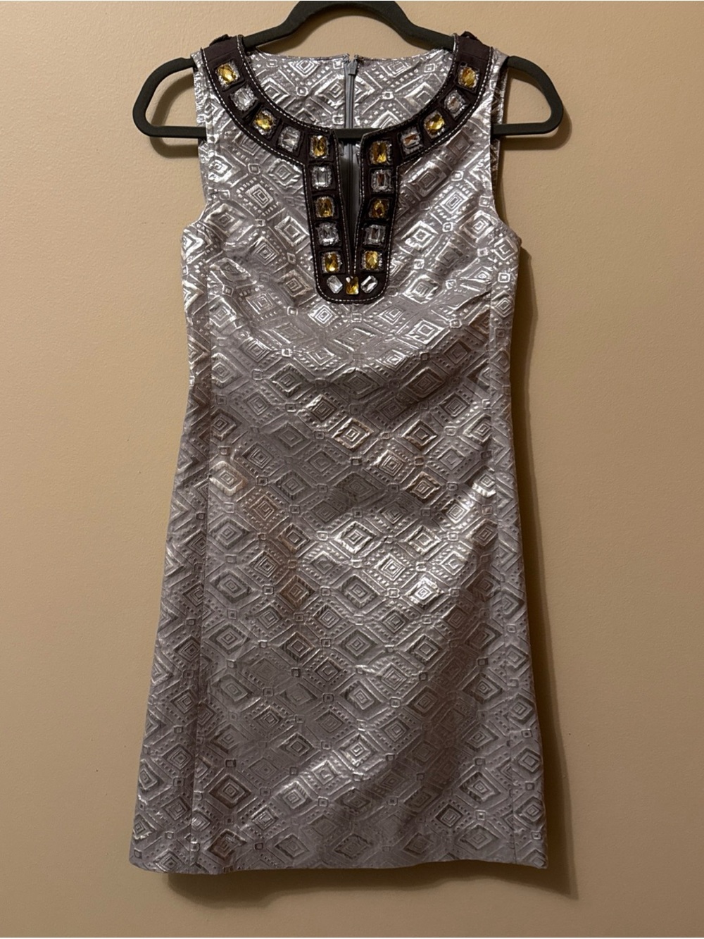 Tory Burch Silver Metallic Jacquard Midi Dress with Embellished Neckline